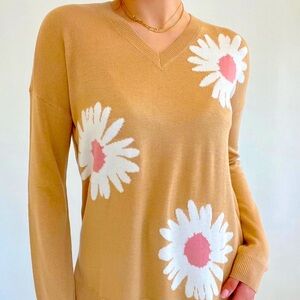 Laurie Felt Cashmere Blend Daisy Print V-neck Sweater in a tan/camel color